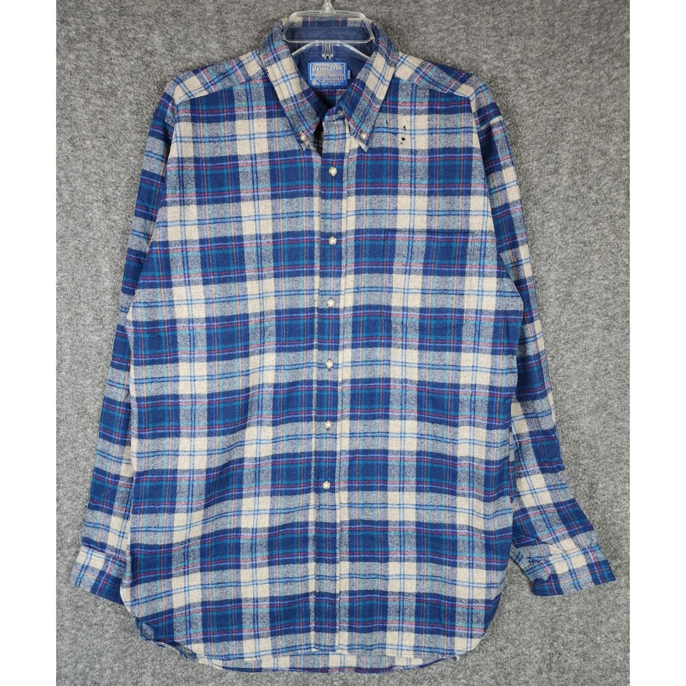 Pendleton Shirt Mens L Long Wool Button Down Blue Plaid Vintage USA Made